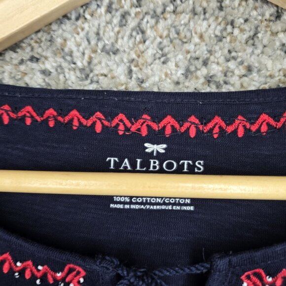 Talbots Top Womens Medium Navy Blue Embroidered Neck Tie Cotton Tee Casual - Picture 6 of 7